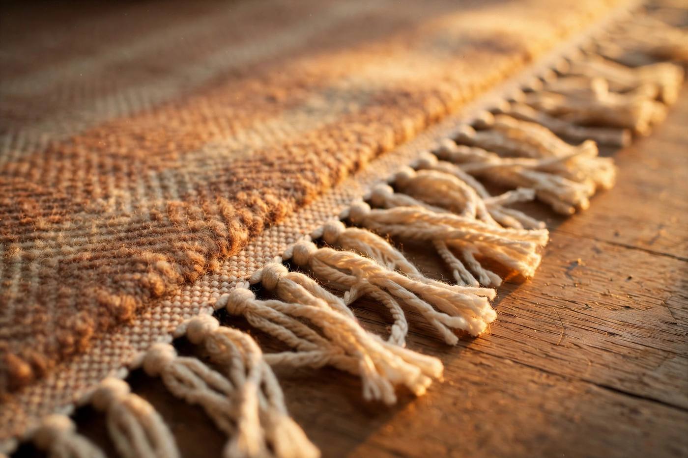 Warm wool rug edge with cream fringe